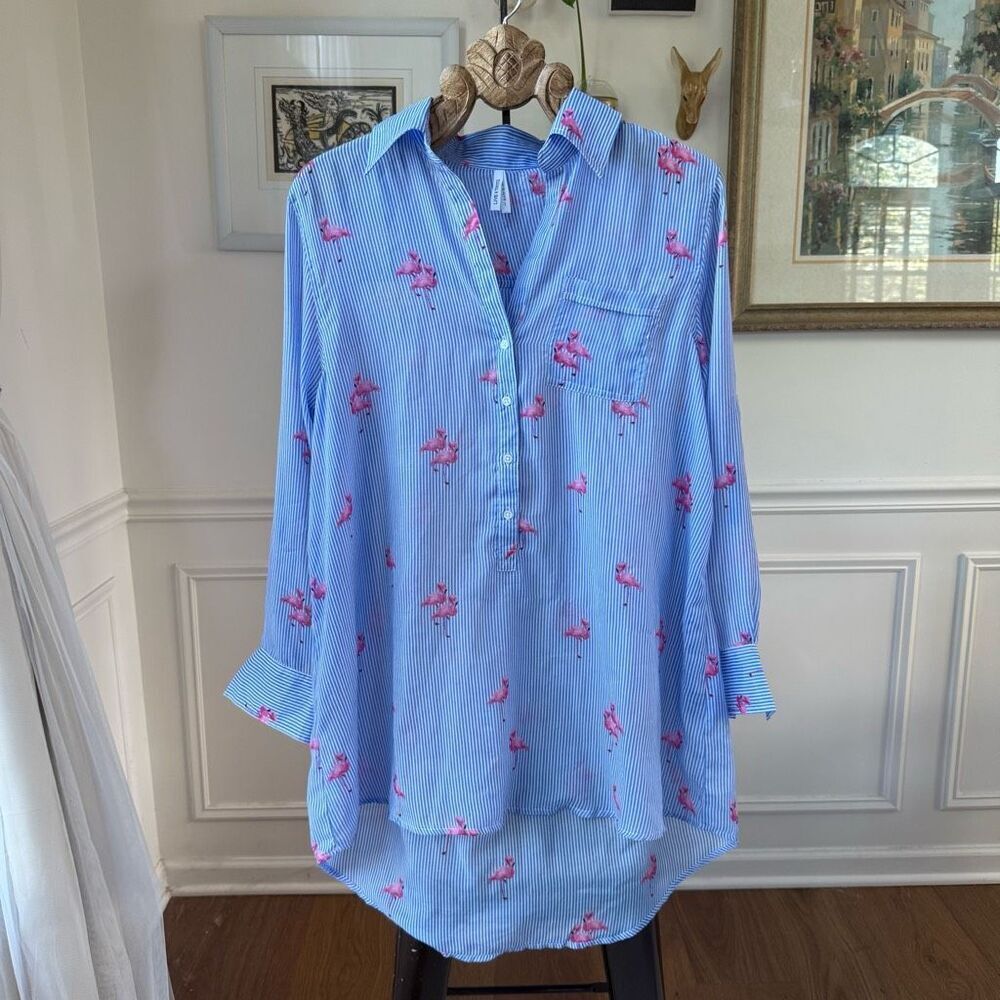 Live 4 Truth Blue White Stripe Pink Flamingo Popover Tunic L